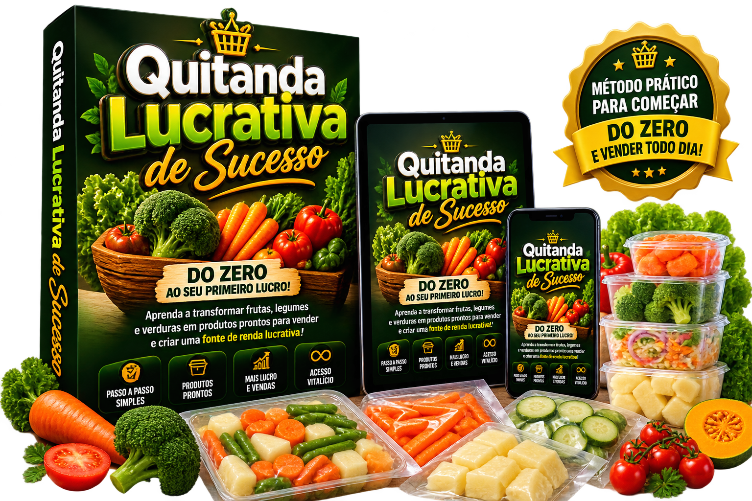 Material digital Quitanda Lucrativa ao lado de legumes cortados e embalados